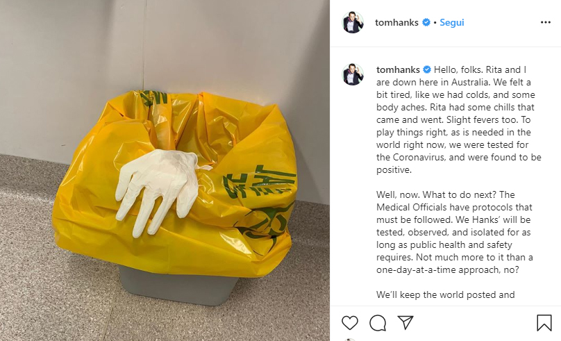 tom hanks intagram annuncia coronavirus